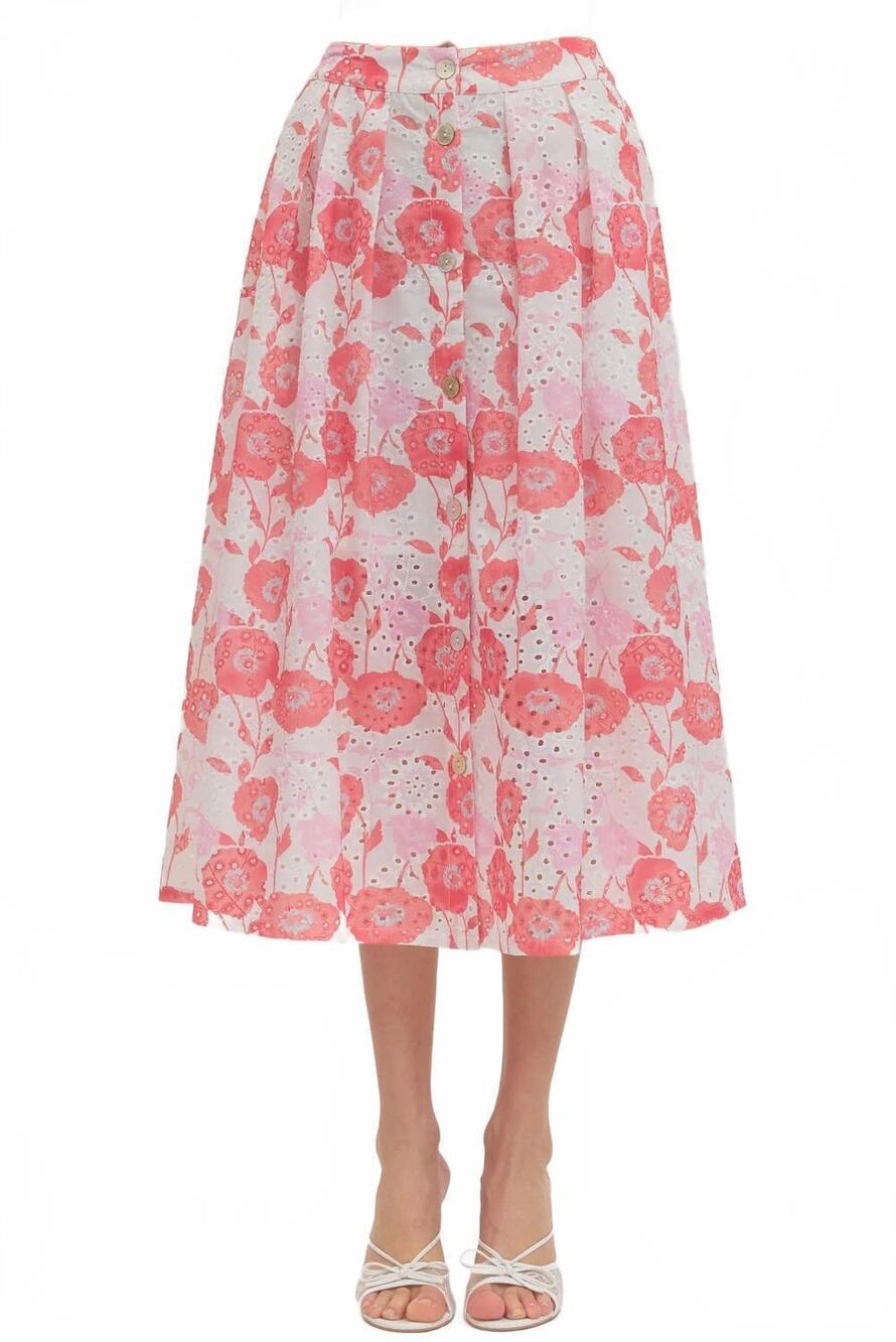 NEW ENTRO button detailed floral midi skirt in red/ pink